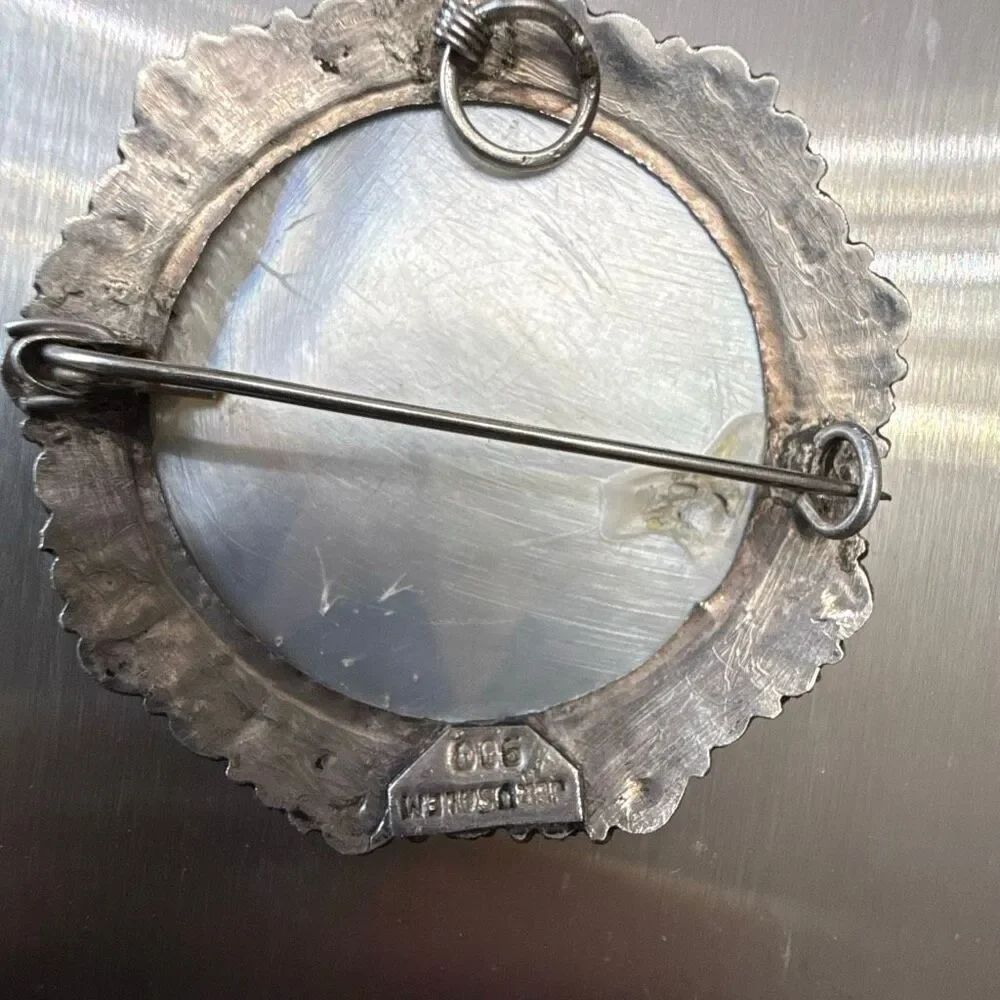 Vintage Jerusalem Silver MOP Filigree Mother of Pearl Brooch Pin Necklace 11.89g